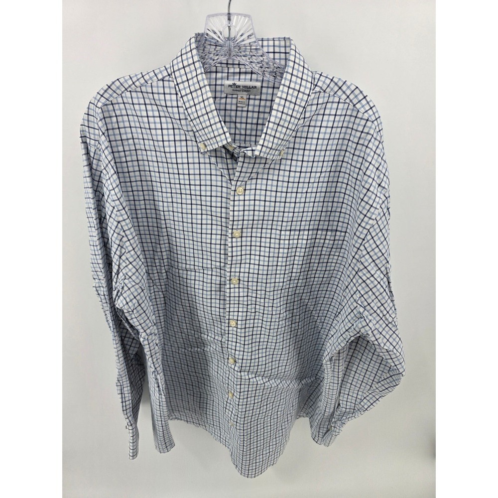 Peter Millar Summer Comfort Shirt Mens XL Blue White Plaid Long Sleeve Button Up